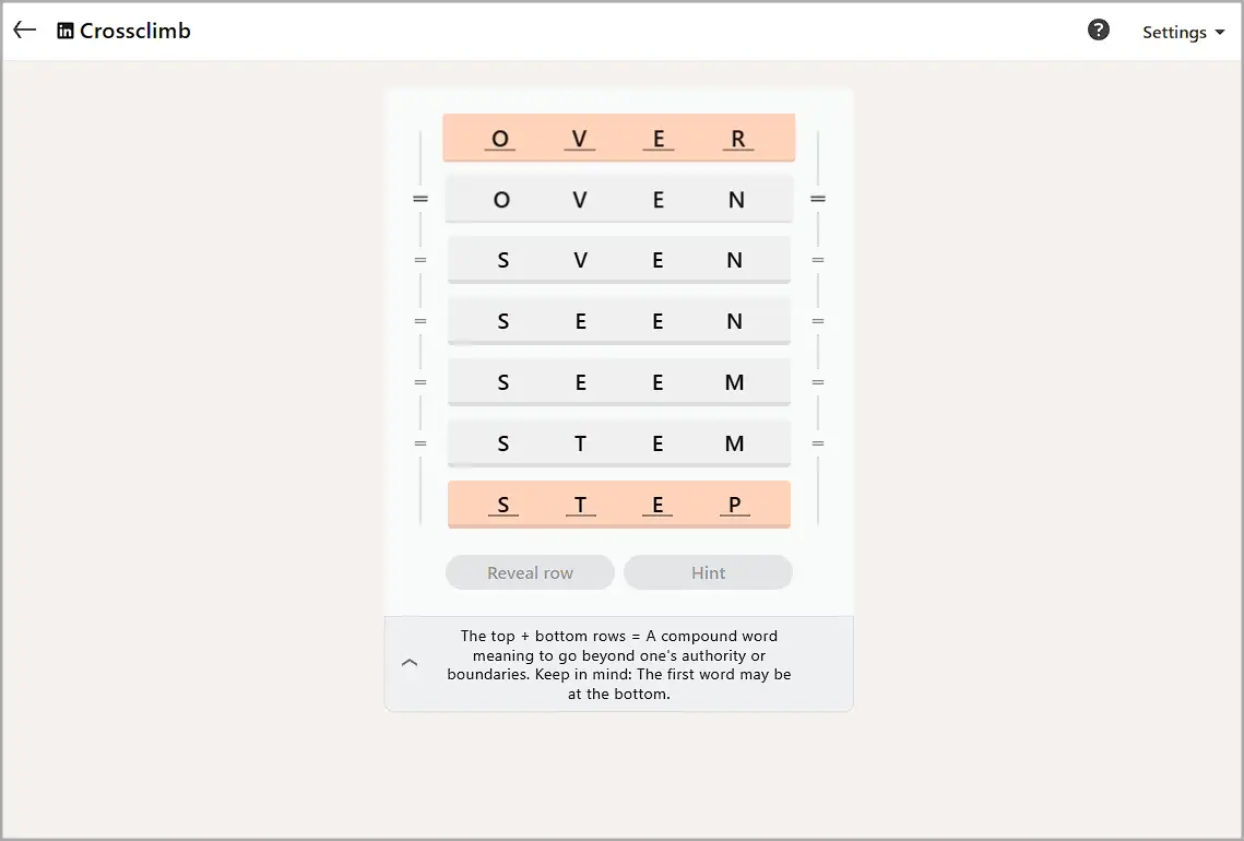 LinkedIn Crossclimb today answer #837 solved image for August 15, 2026