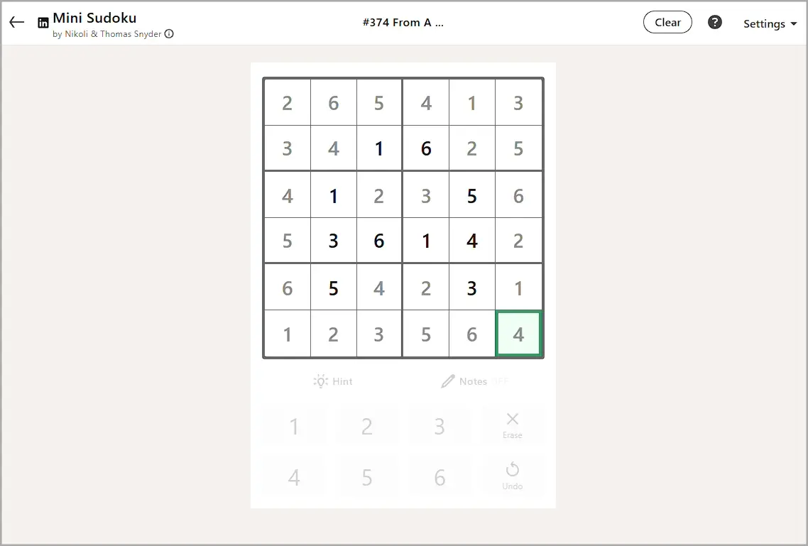 LinkedIn Mini Sudoku today #374 solution