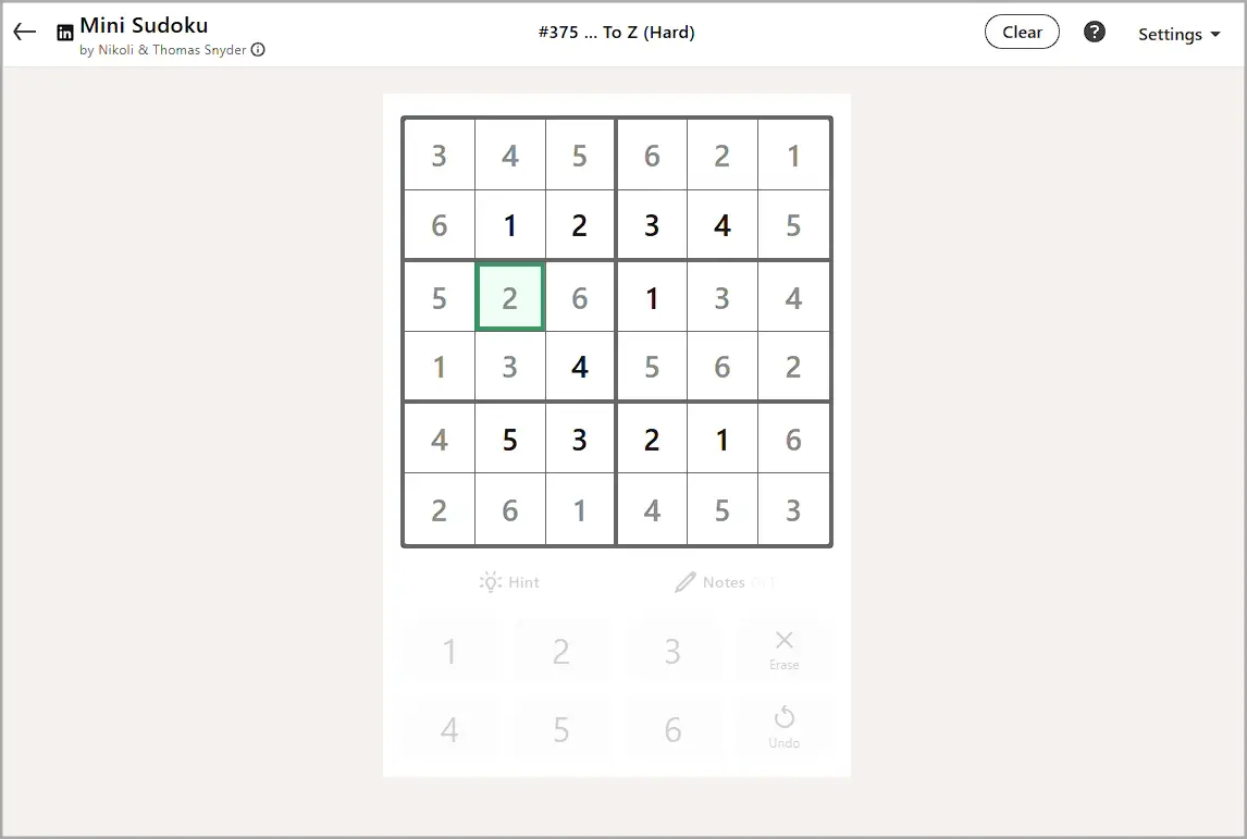LinkedIn Mini Sudoku today #375 solution