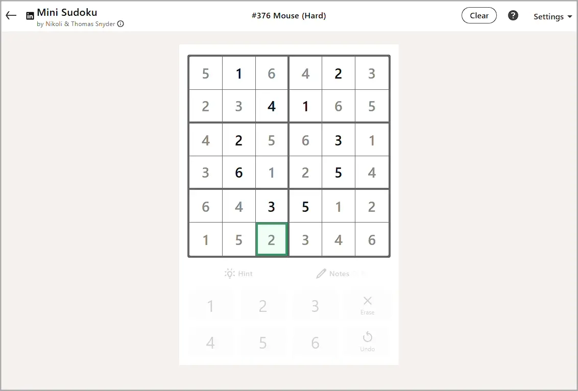 LinkedIn Mini Sudoku today #376 solution