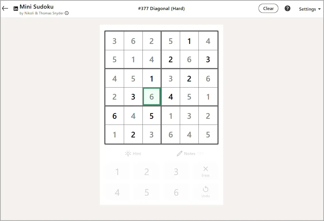 LinkedIn Mini Sudoku today #377 solution