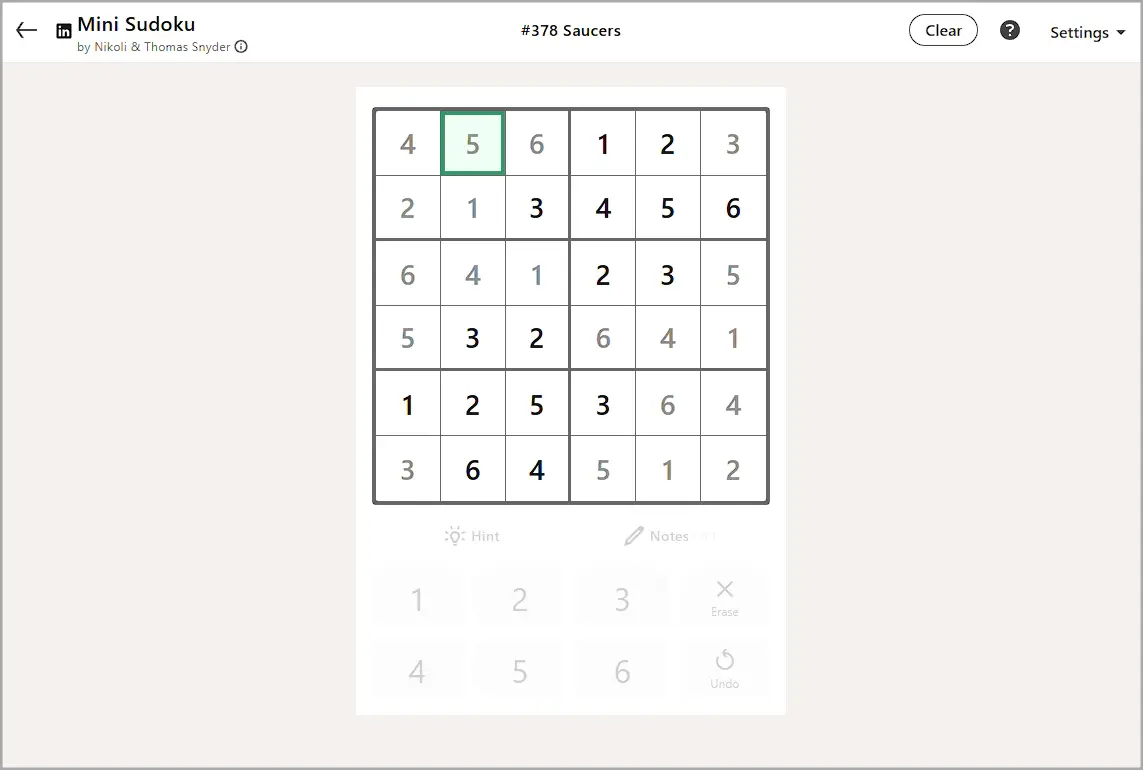 LinkedIn Mini Sudoku today #378 solution