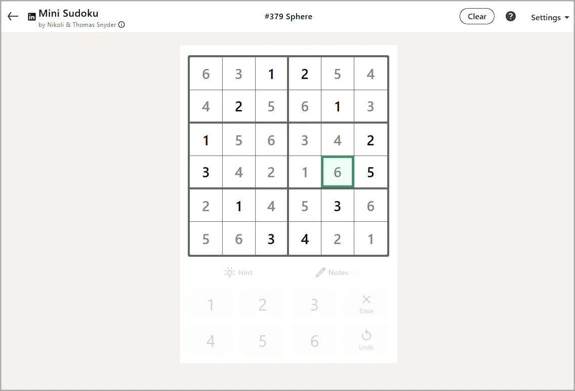LinkedIn Mini Sudoku today #379 verified solution for August 25, 2026