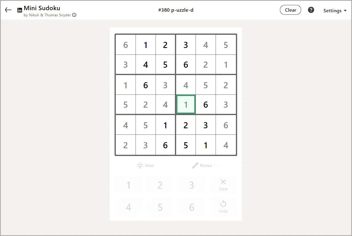 LinkedIn Mini Sudoku today #380 solution