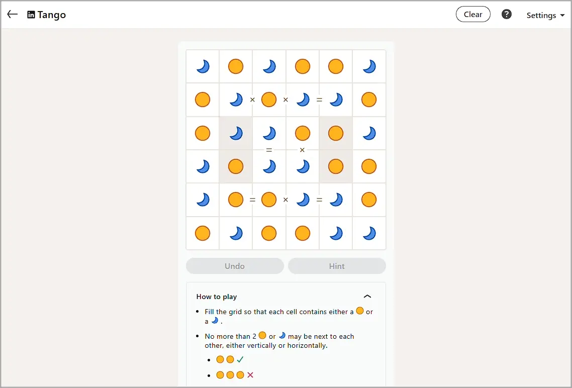 LinkedIn Tango today #687 verified solution for August 25, 2026