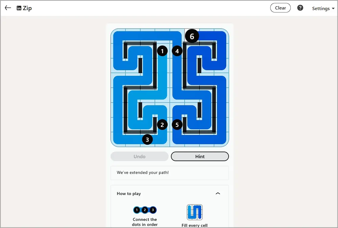 LinkedIn Zip today #526 verified solution for August 25, 2026